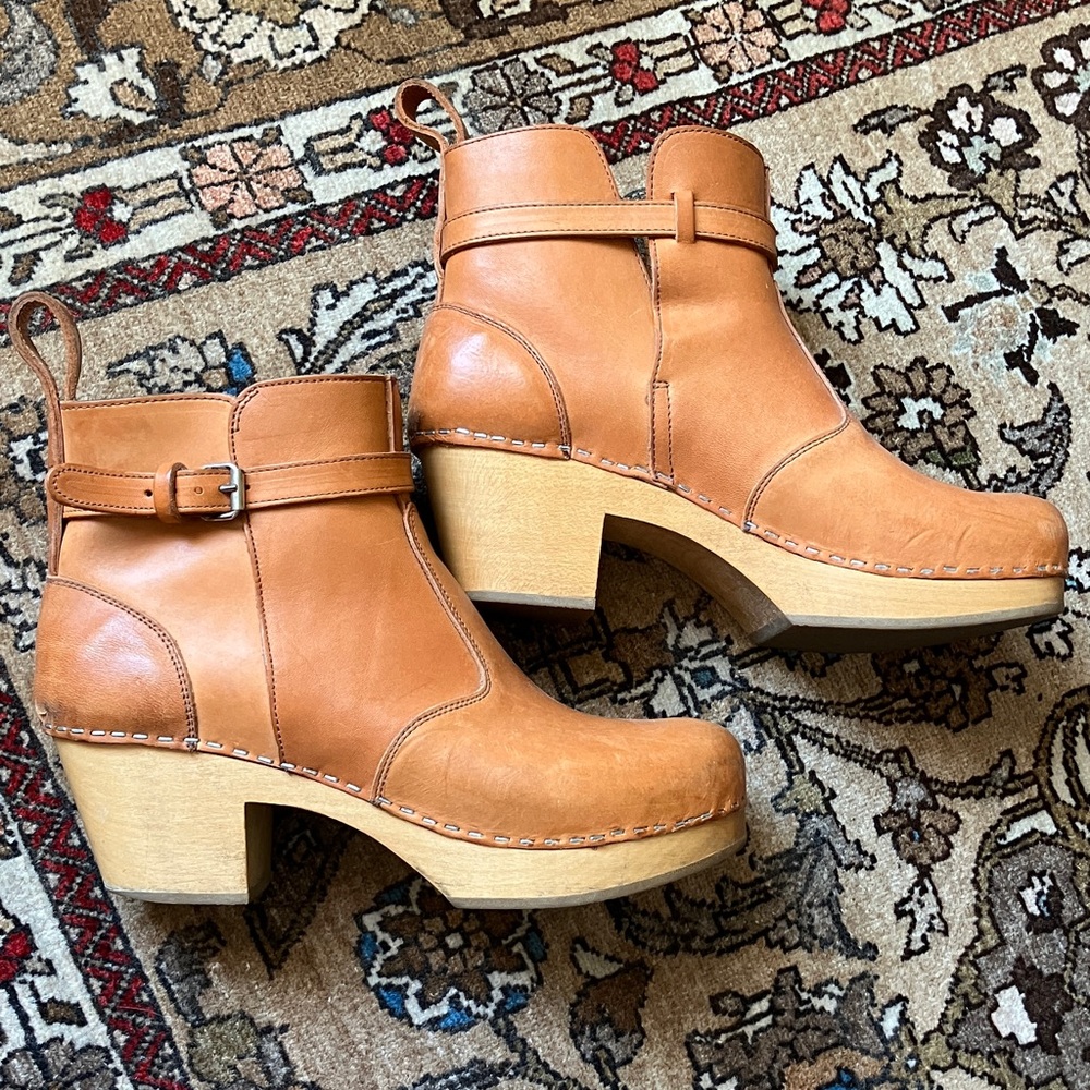 SWEDISH HASBEENS High Heel Jodhpur Clog Boots Natural Tan Leather